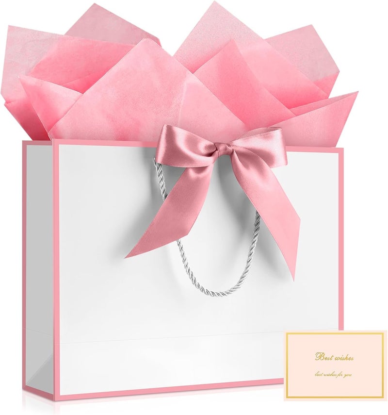 JMANNI 1PCS Large Gift Bag with Ribbon and 1 Greeting Card 2 Tissue Papers, Portable Paper Gift Bag with Handles, Birthday Present Bags for Wedding Party,Mothers Day12.6" x 9.8" x 3.9"(White-Pink - Image 1